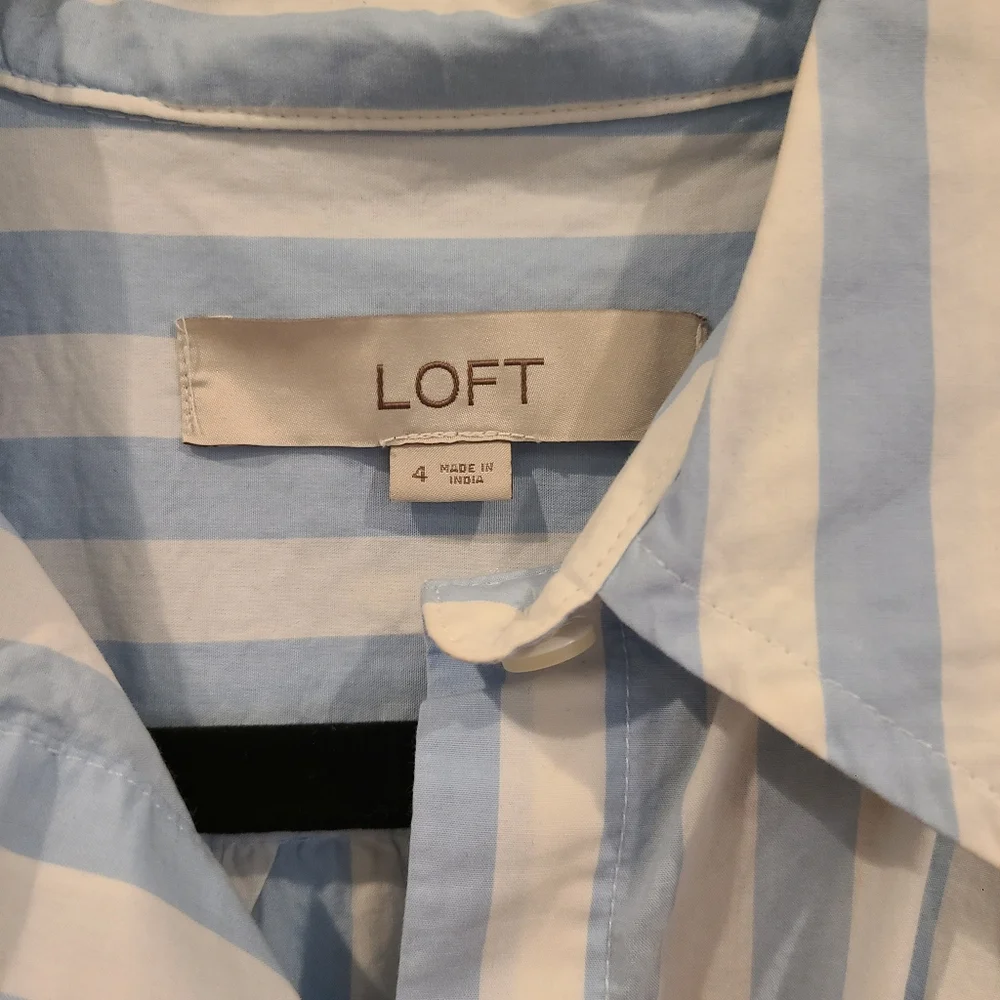 Loft Blue And White Stripe Tie Peek A Boo Front Button Cotton Maxi Shirt Dress - Picture 4 of 9